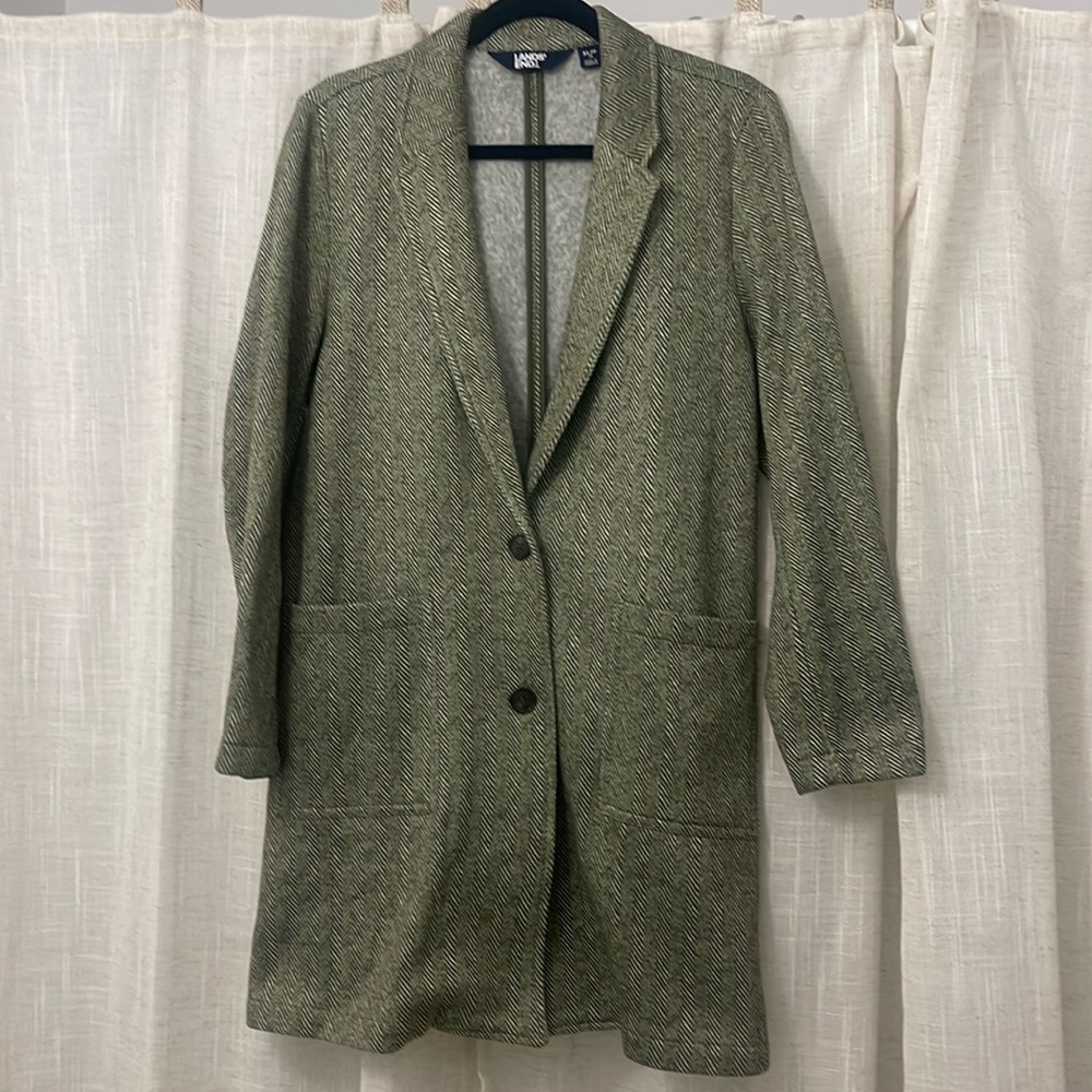 Lands’ End Fleece Blazer Green/White with pockets Size XL/P 18 EUC